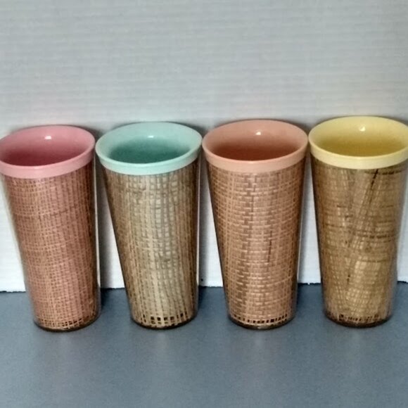 Set Of 4 Vintage Raffiawear Rattan Burlap Thermo-temp Tumblers SEE DESCRIPTION - Picture 3 of 9